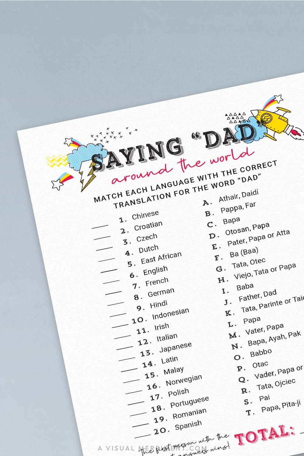 vertical of saying dad around the world language father's day game page on blue background