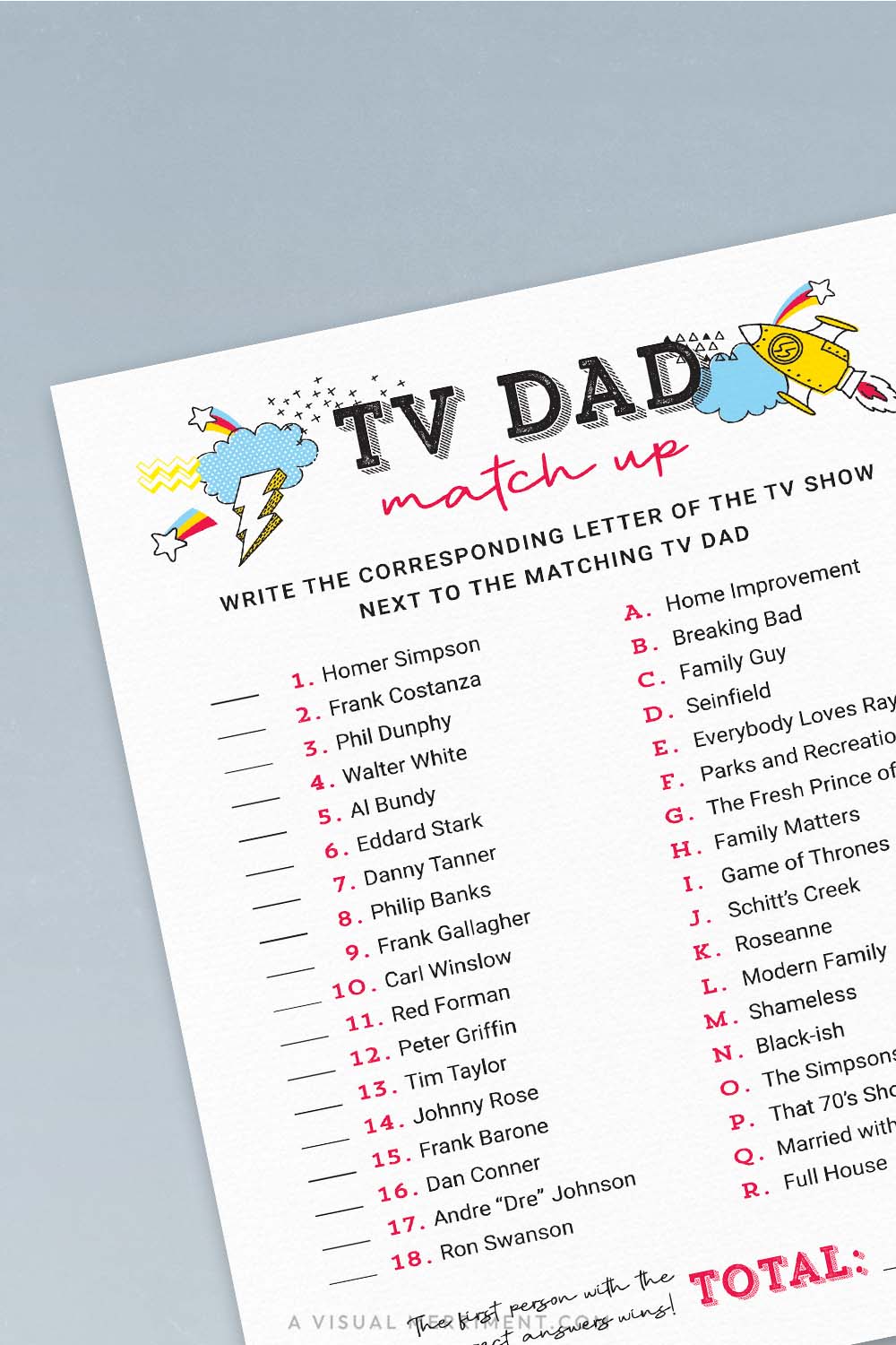 vertical of tv dad match up printable father's day game page on blue background