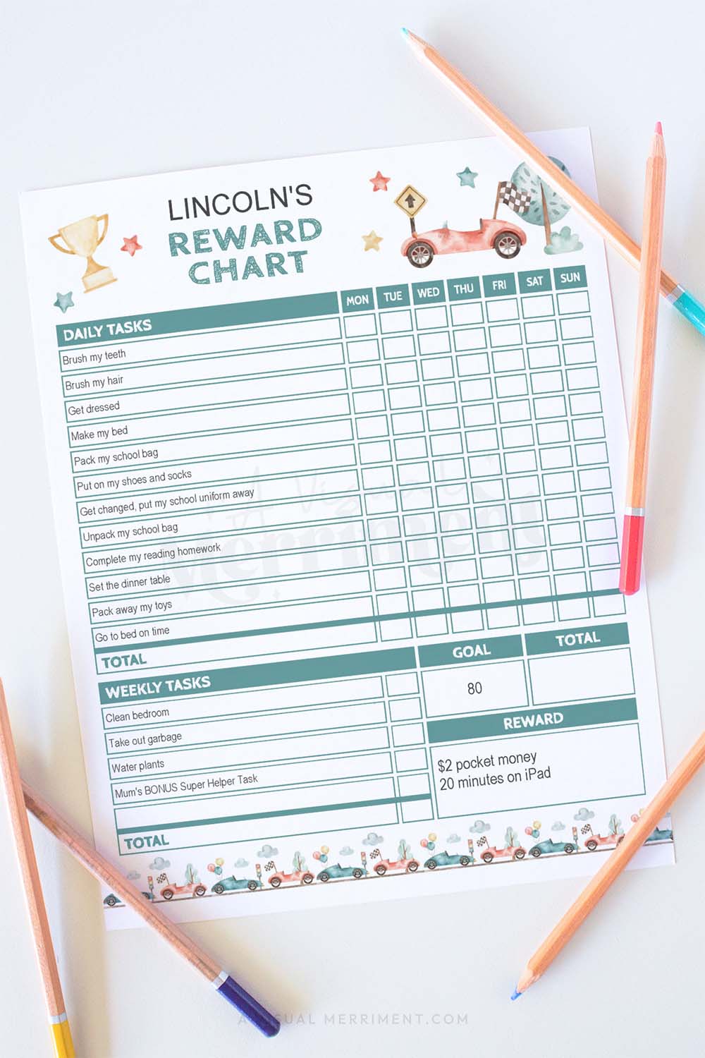 vertical of race car editable printable reward chart with pencils