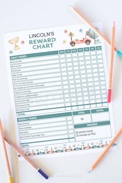 vertical of race car editable printable reward chart with pencils
