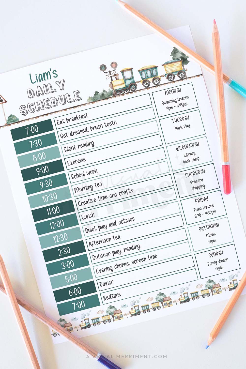 vertical of vintage train editable printable daily schedule with pencils
