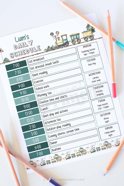 vertical of vintage train editable printable daily schedule with pencils