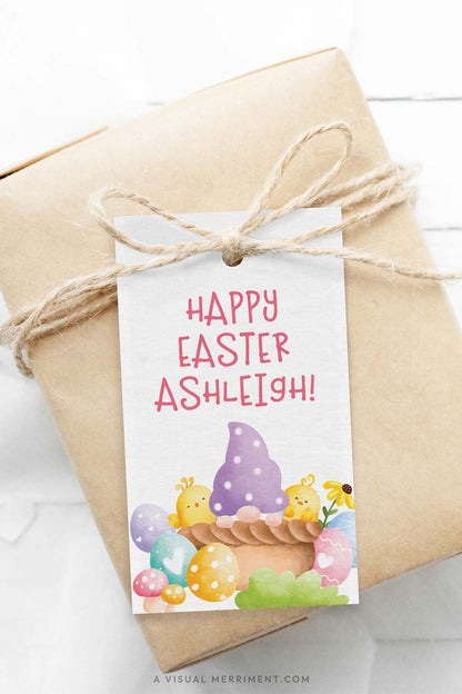 vertical of brown parcel wrapped with Easter gift tag in a colorful purple basket gnome design
