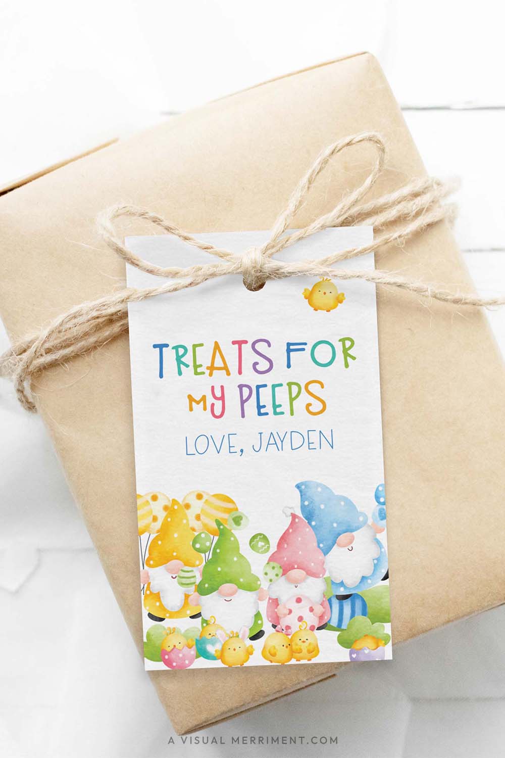 vertical of gift wrapped with treats for my peeps Easter gift tag in a colorful gnome design