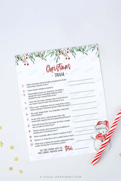 vertical Watercolor snowman printable christmas game sheet - christmas trivia on white background with candy cane