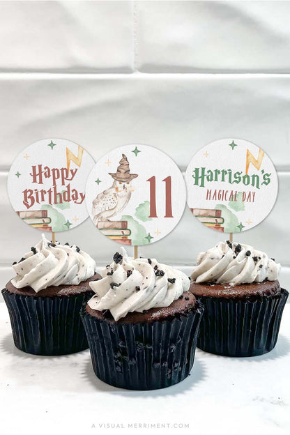 Vertical of cupcakes with harry potter style printable cupcake topper circles with magic elements