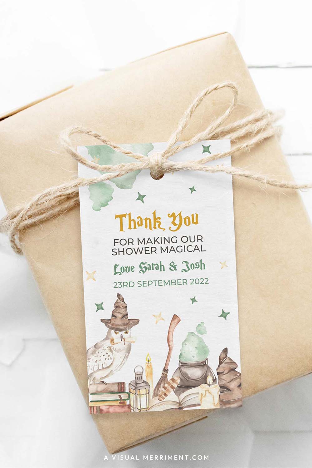 vertical Harry potter style baby shower editable gift tag template with wizard school elements on wrapped gift