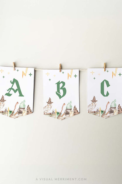 vertical ABC banner flags hanging with pegs in harry potter style with magic wizard school elements