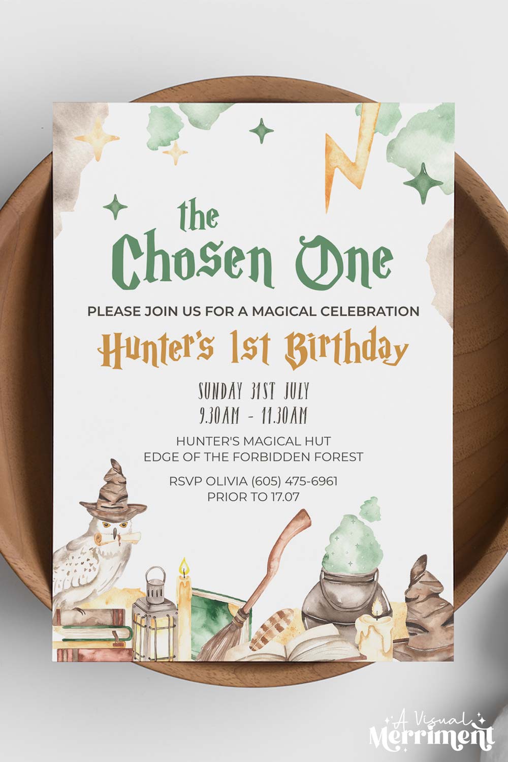 Vertical Wizard school chose one invitation template in a Harry Potter style with magic elements on a bowl