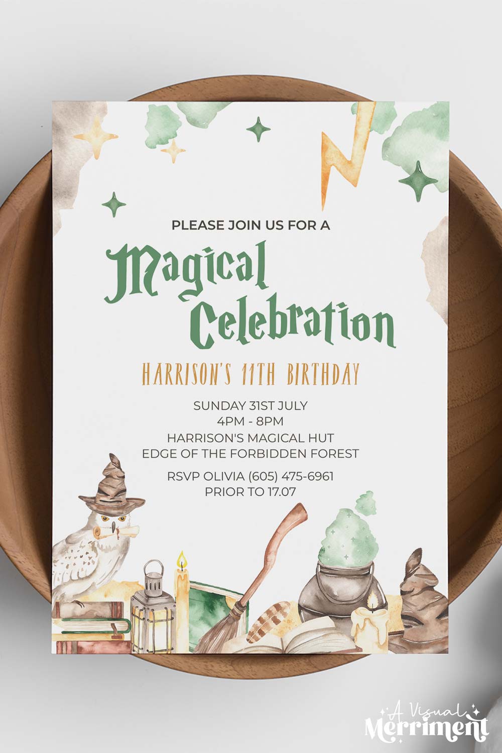 Vertical Wizard school invitation template in a Harry Potter style with magic elements sits on a wooden bowl